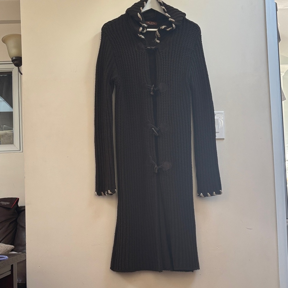 Jelis Firenze Dark Brown Suede horn toggle Long Sleeve Knit long Cardigan
